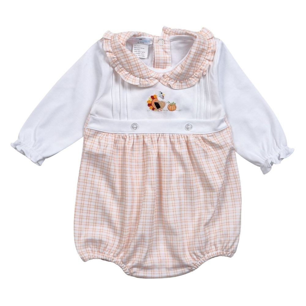 Baby Loren Orange Turkey Day Embroidered Bubble - Girls by Baby Loren