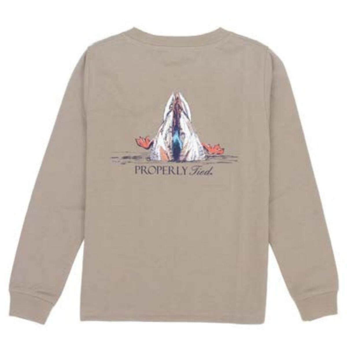 Properly Tied Tee Shirt - Logo Pocket - Long Sleeves - Back Graphic - Diving Mallard Duck on Tan Sand by Properly Tied