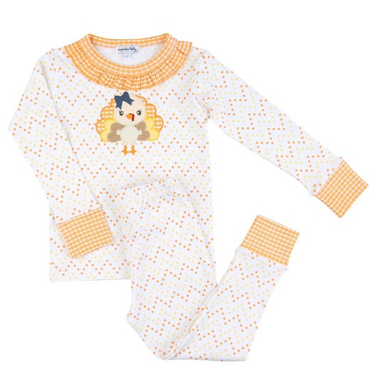 Magnolia Baby Girls Little Gobbler Turkey Applique Orange Ruffle Long Pajamas with Ruffle