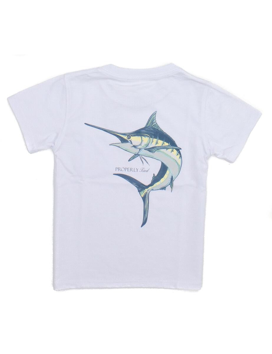 Properly Tied T-Shirt - Logo Pocket on Front - Back Graphic - Blue Marlin on White by Properly Tied