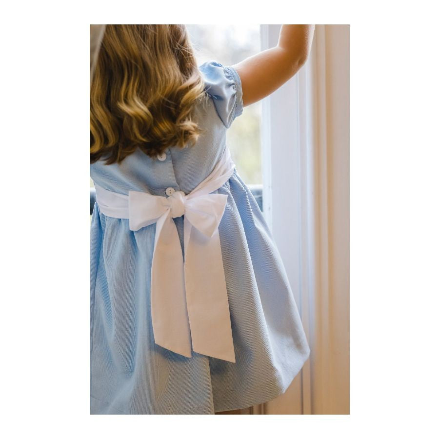 Sal & Pimenta Girls Corduroy Sash Dress - Embroidery Bows on Ruffle Collar - Blue