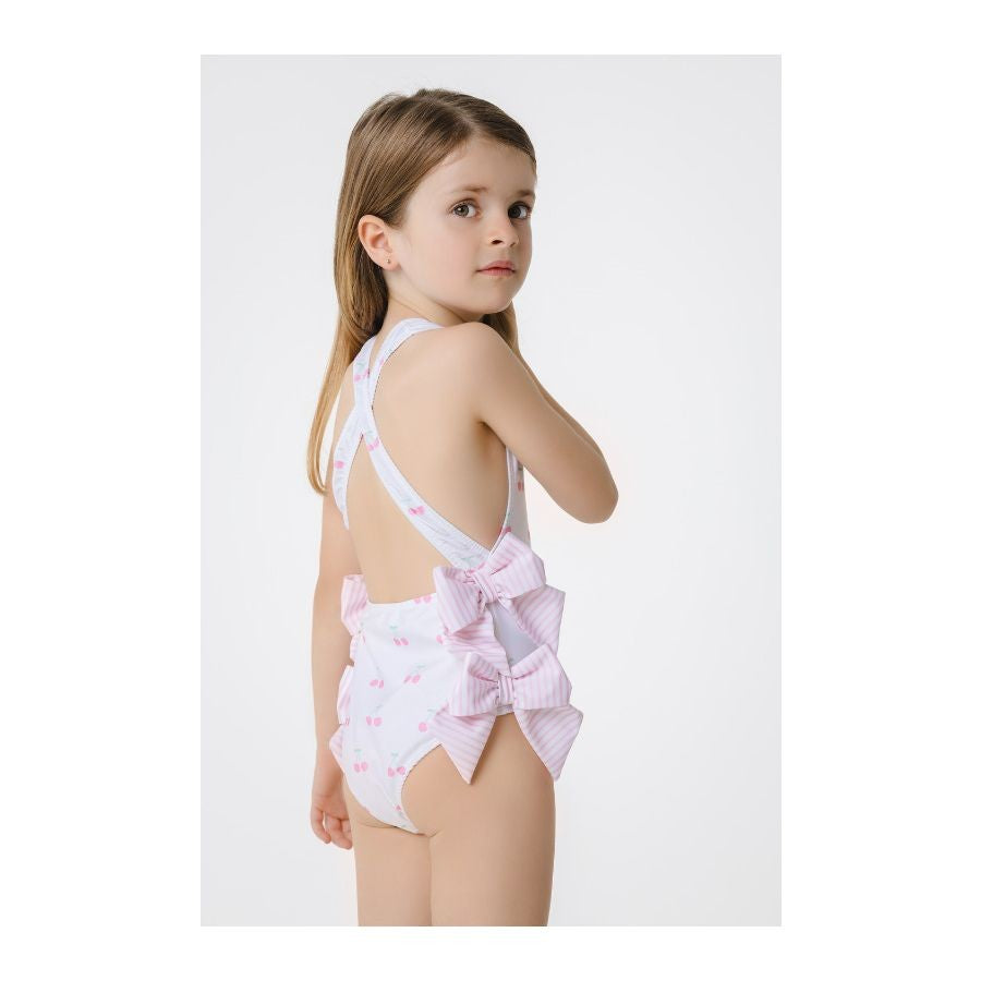 Sal & Pimenta Girls Swimsuit - Pink Cherries - Double Bows at Sides by Sal & Pimenta