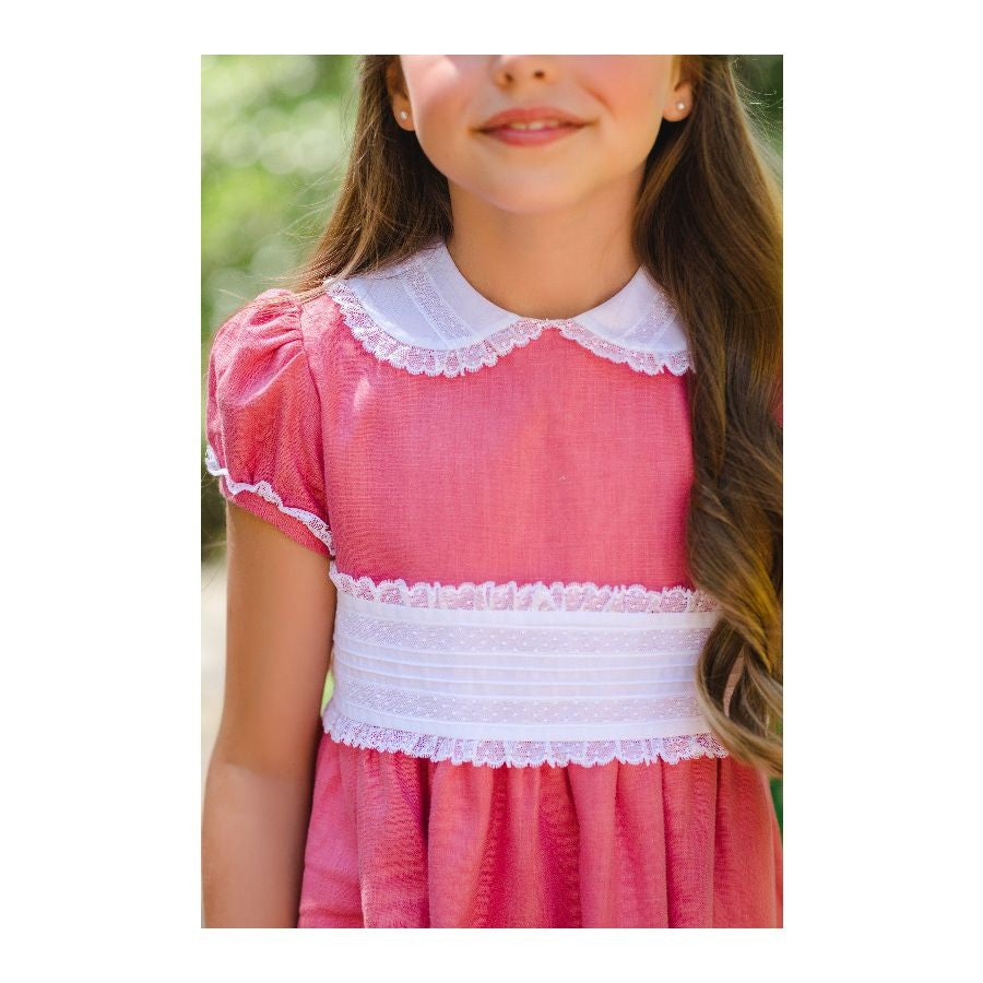 Sal & Pimenta Girls Dress with Cummerbund Sash - Raspberry Pink Linen