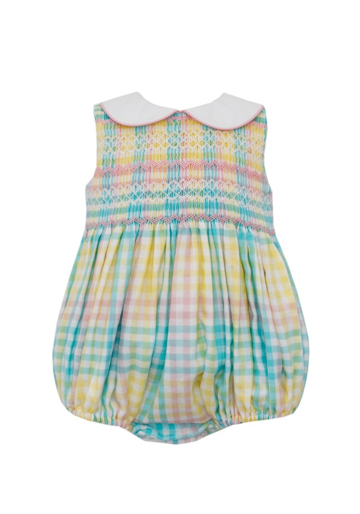 Anavini Couture Baby Girls Pastel Plaid Smocked Bubble - White Collar
