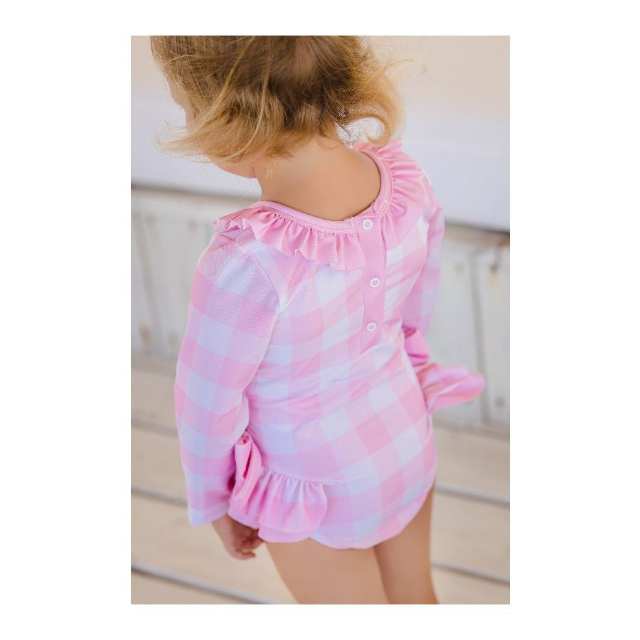 Sal & Pimenta Girls Swimsuit - Buffalo Check - Pink - Rashguard with Pink Bows at Hips