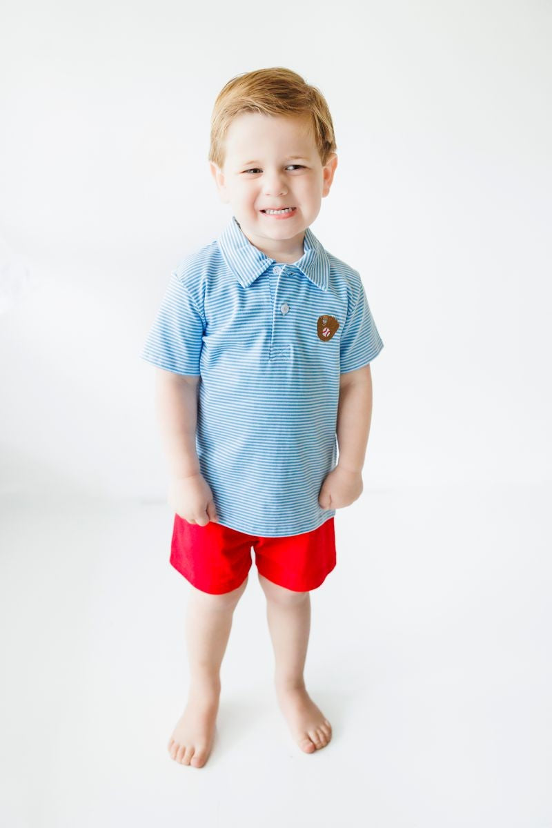 Itsy Bitsy Boys Blue Striped Polo Shirt - Baseball Glove