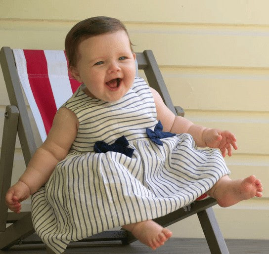 Rachel Riley London Baby Girls Stripe Linen Navy Blue Bow Dress with Bloomers