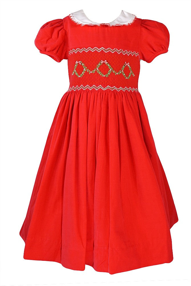 Exclusive to Best Dressed Child - Anavini Girls Red Cord Smocked Christmas Wreaths Dress - Fully Smocked Bodice