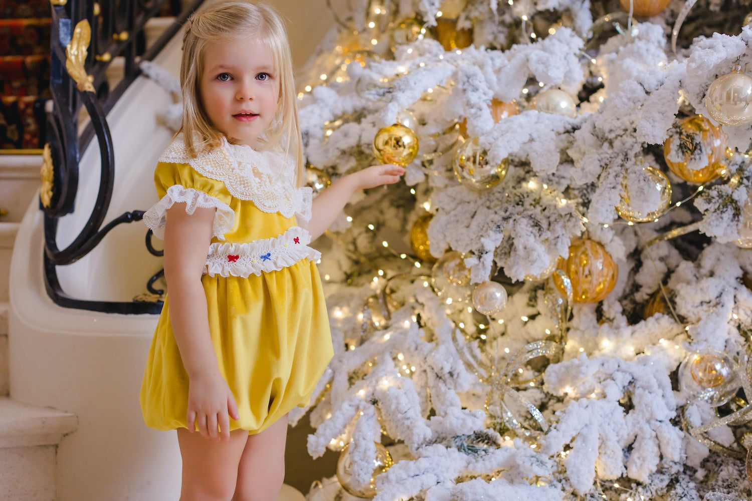 Sal & Pimenta Girls Velvet Holiday Bubble - Golden Velvet with Smocked Bows 2T Sal & Pimenta Girls Velvet Holiday Bubble - Golden Velvet with Smocked Bows 2T