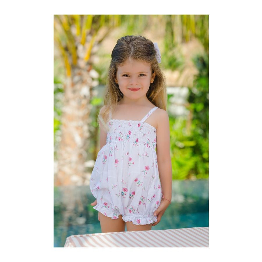 Sal & Pimenta Girls Smocked Bubble - Hot Pink Bouquet Floral