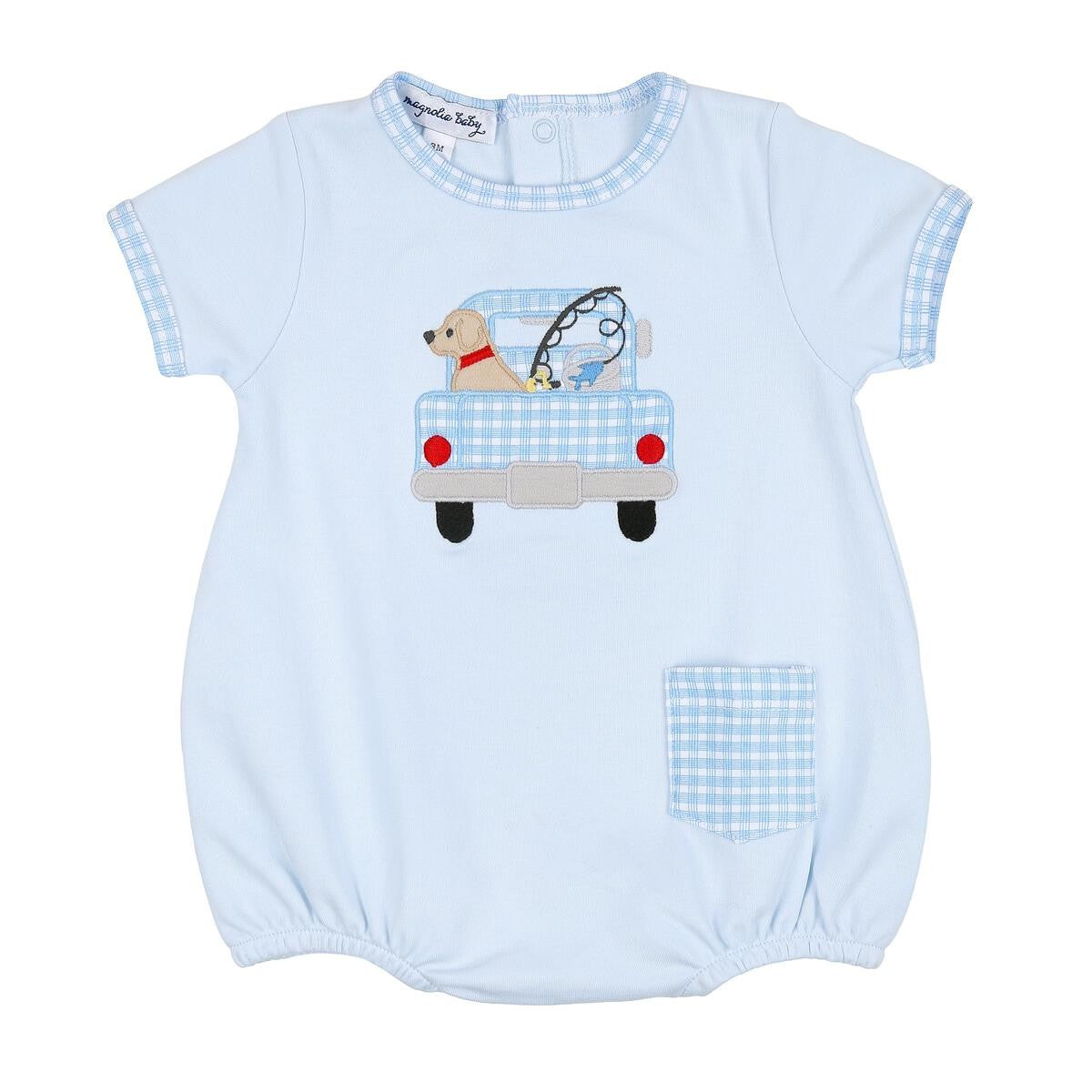Magnolia Baby Boys Blue Fresh Caught Fishing Dog Applique Bubble