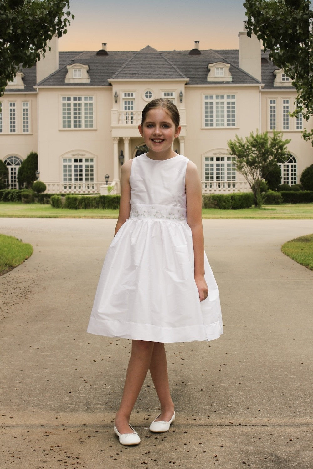 Susanne Lively Girls White Special Occasion Dress - Pink & Green Floral Embroidery Trim