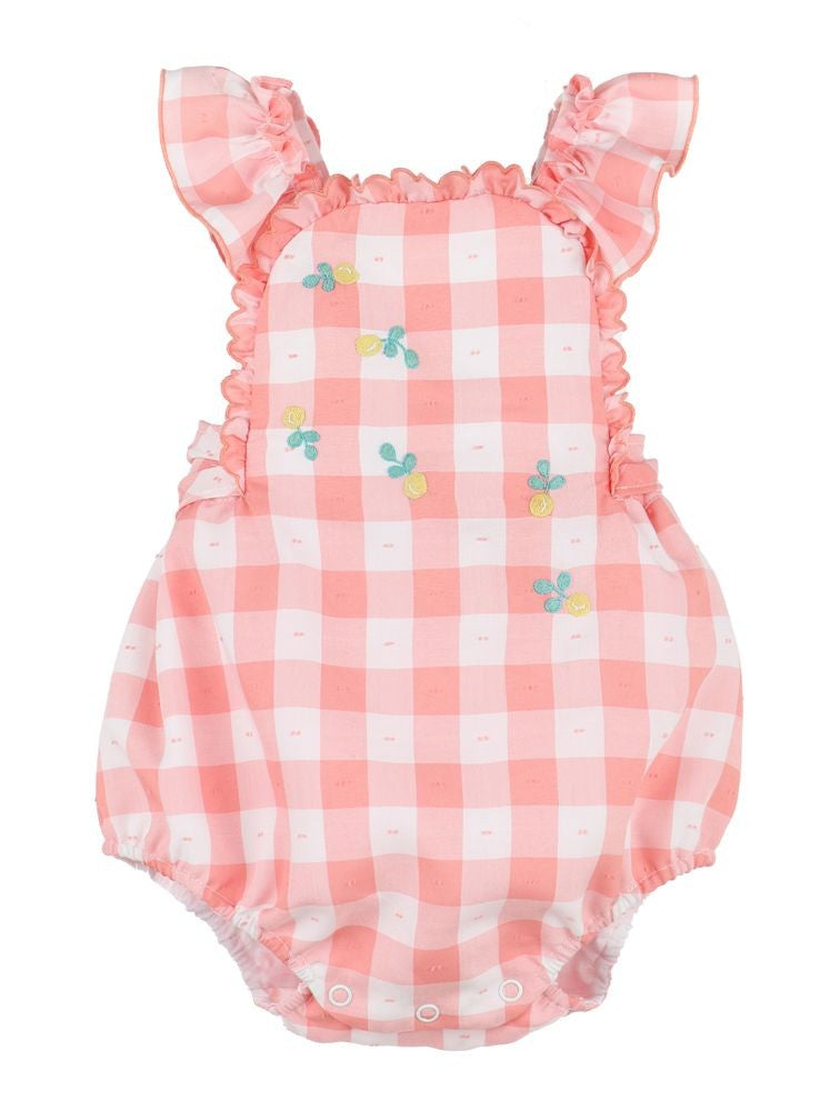 Sophie & Lucas Baby Girls Coral Check Bubble - Embroidery Lemons