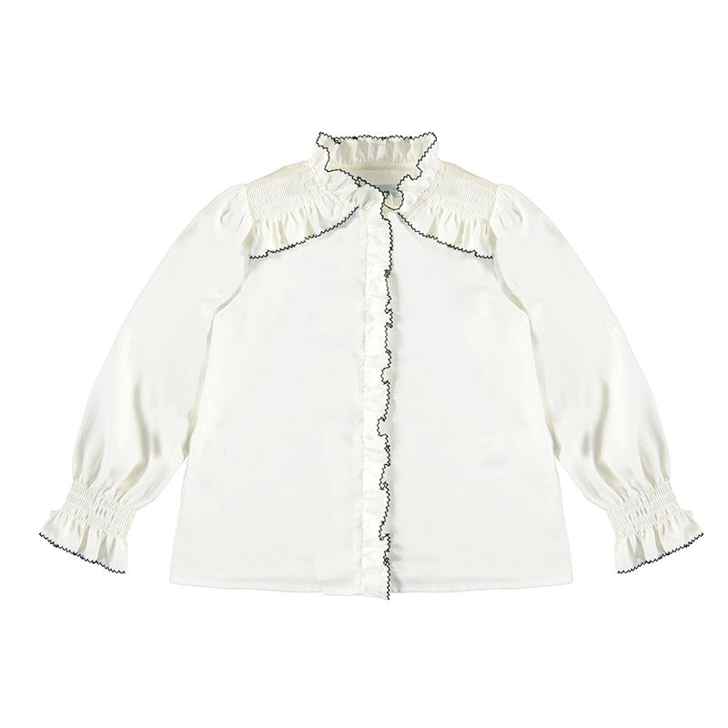 Abel & Lula Girls Ivory Poplin Smocked Blouse - Black Picot Edge