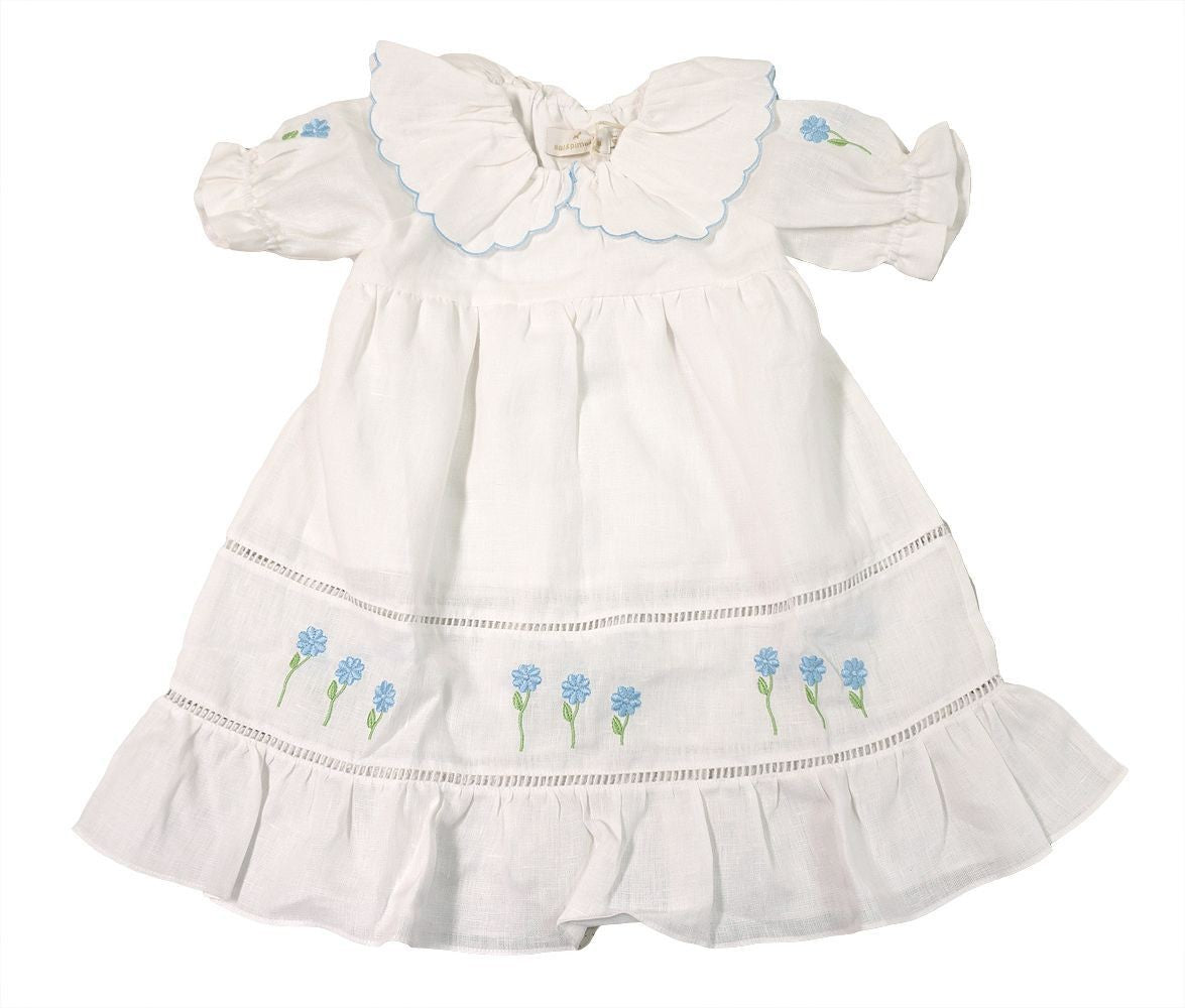 Sal & Pimenta Girls White Linen Dress - Blue Flower Embroidery - Ruffle Hem 7 Sal & Pimenta Girls White Linen Dress - Blue Flower Embroidery - Ruffle Hem 7