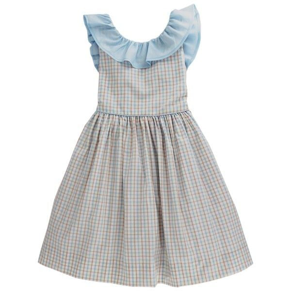 Bailey Boys Girls Princeton Plaid Dress - Blue Ruffle Neck & V-Back