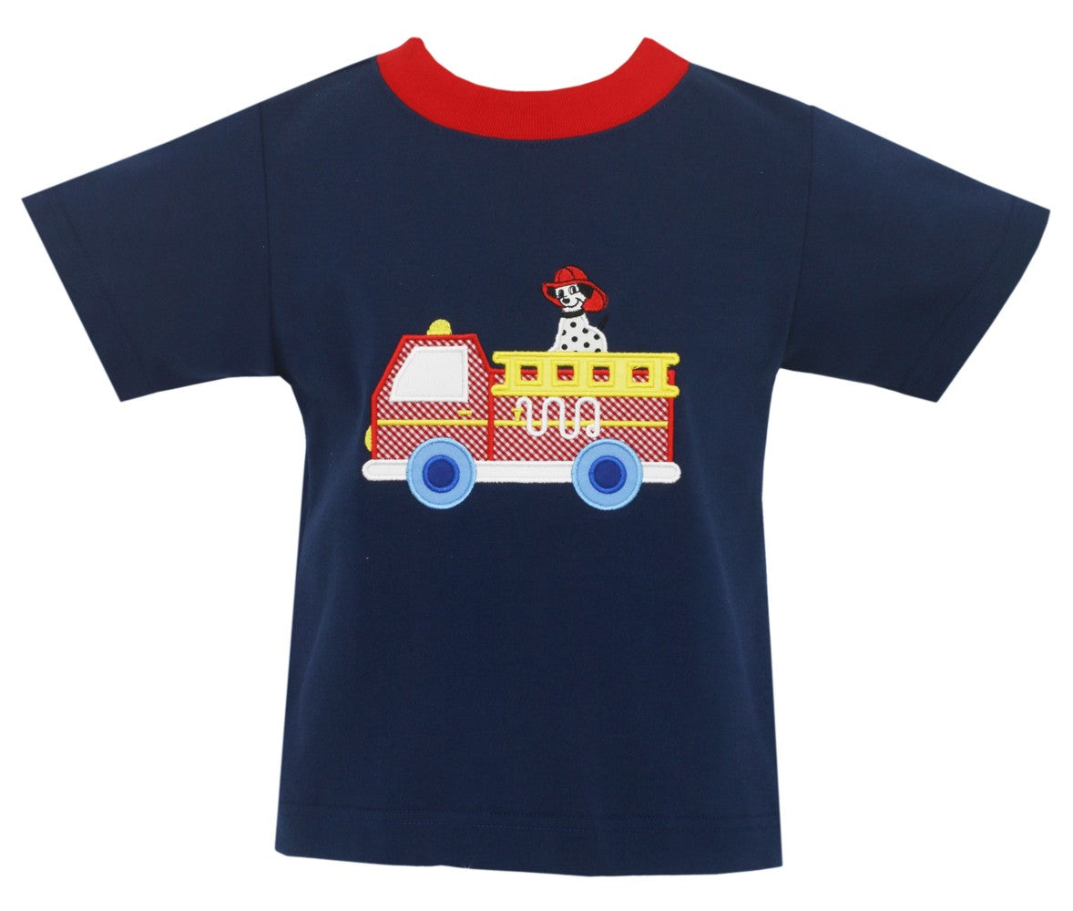 Claire & Charlie Boys Shirt - Navy Blue with Red Firetruck