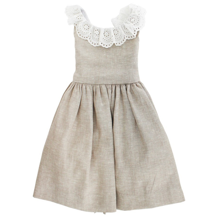 Bailey Boys Girls Flax Linen Dress - V-Back Ruffle Collar and Sash