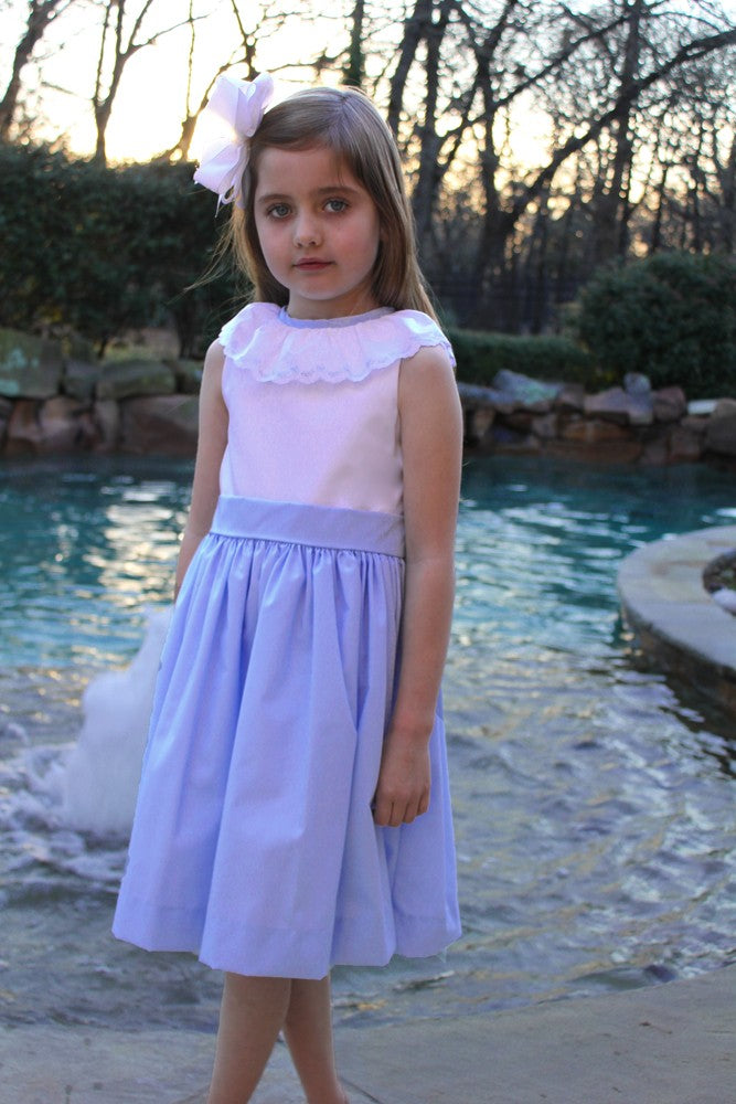 Susanne Lively Girls Blue / White Dress with Lace Collar