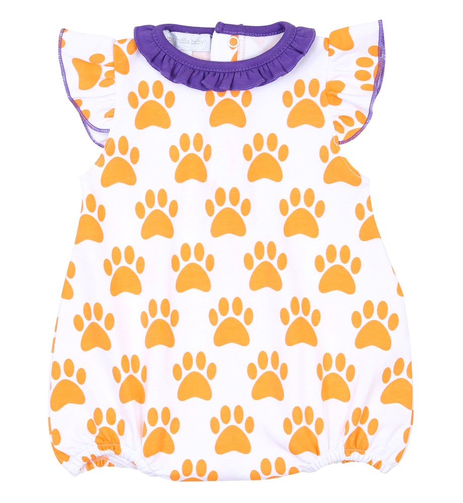 Magnolia Baby Girls Paw Print Printed Flutters Bubble - Clemson Orange by Magnolia Baby