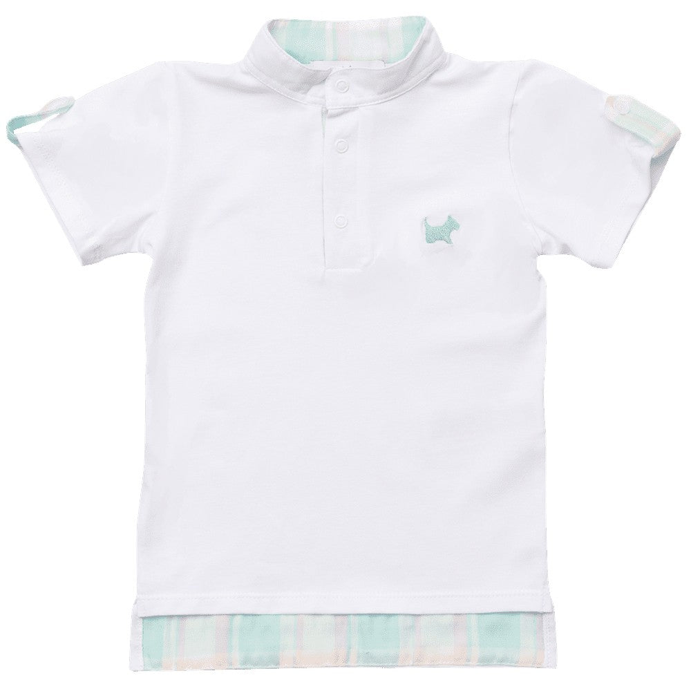 Sal & Pimenta Boys White Polo Shirt - Pink & Blue Breeze Plaid Trim