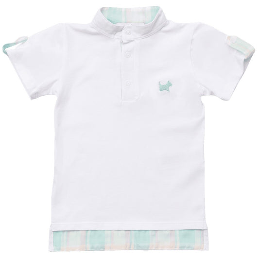 Sal & Pimenta Boys White Polo Shirt - Pink & Blue Breeze Plaid Trim