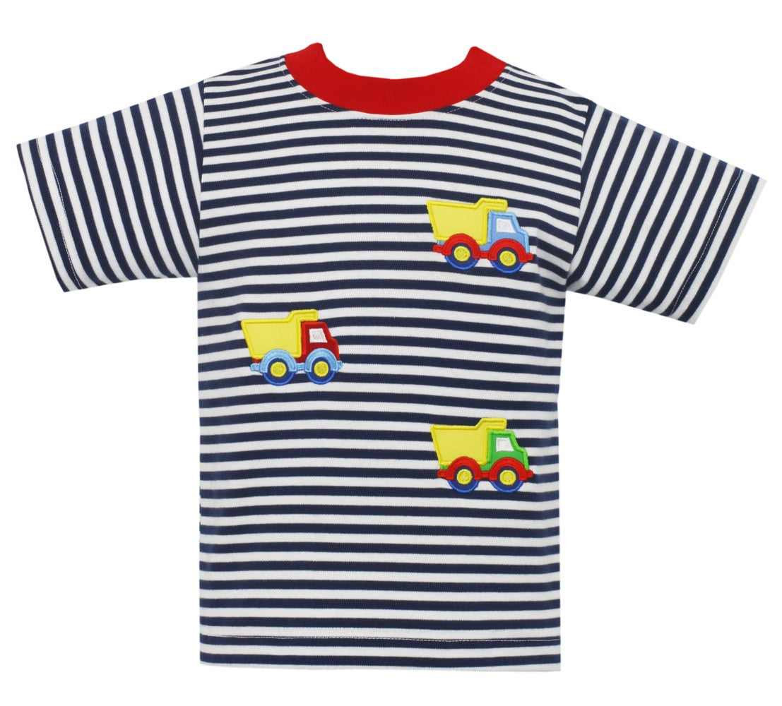 Claire & Charlie Boys Navy Blue Stripe Knit Shirt - Dump Trucks