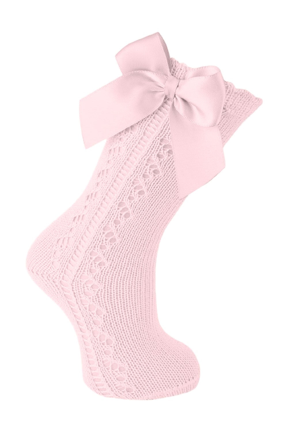 Carlomagno Socks - Girls Scottish Yarn Open Work Knee High with Bow - Soft Pink by Carlomagno