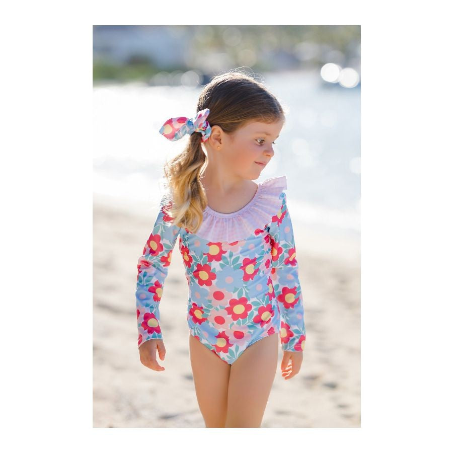 Sal & Pimenta Girls Rashguard Swimsuit - Retro Flowers - Long Sleeves