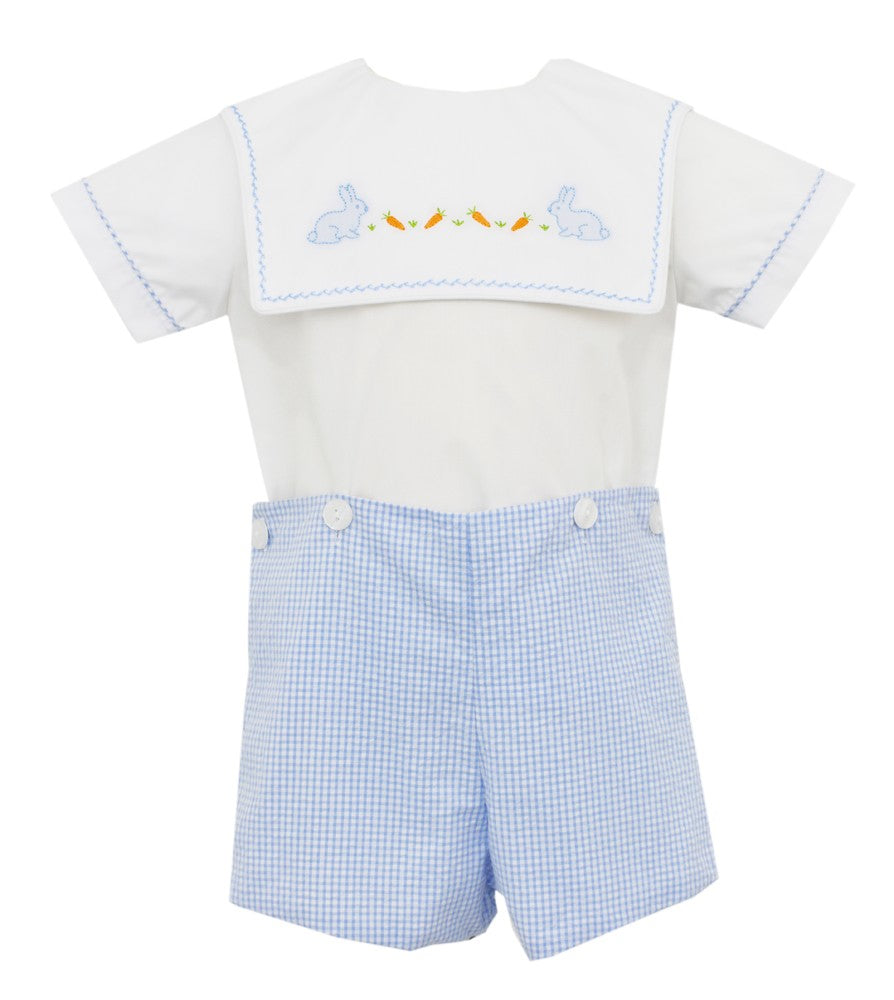 Anavini Baby / Toddler Boys Light Blue Seersucker Button On Shorts Set - Embroidery Bunny Collar