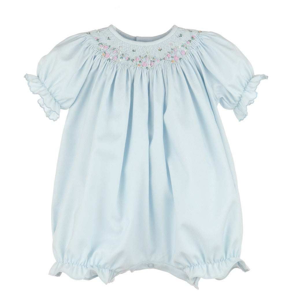 Luli & Me Baby Girls Floral Wreath Smocked Bubble - Blue