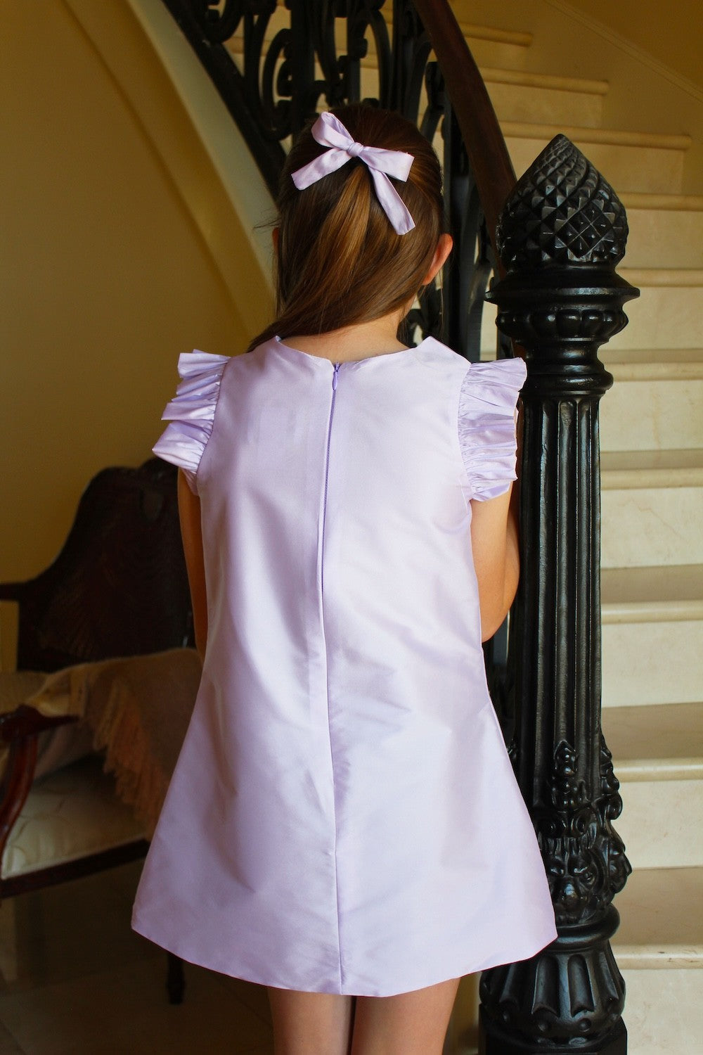Susanne Lively Girls Faux Silk A-Line Dress - Flutter Sleeves - Lilac Lavender