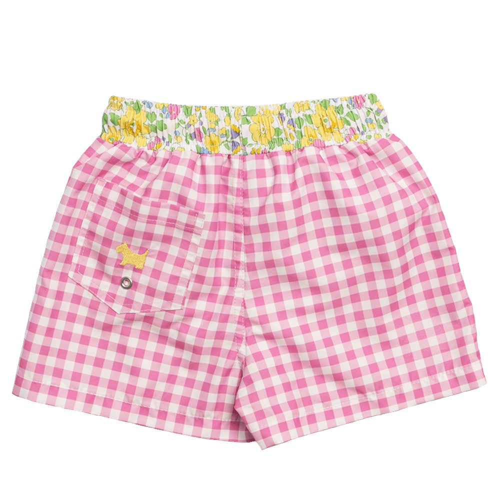 Sal & Pimenta Boys Swim Trunks - Pink Checks - Yellow Betsy Liberty Floral Waist