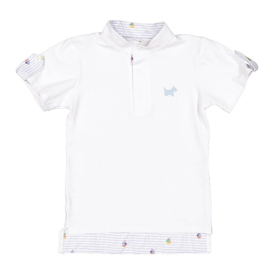 Sal & Pimenta Boys White Polo Shirt - Nautical Print Trim
