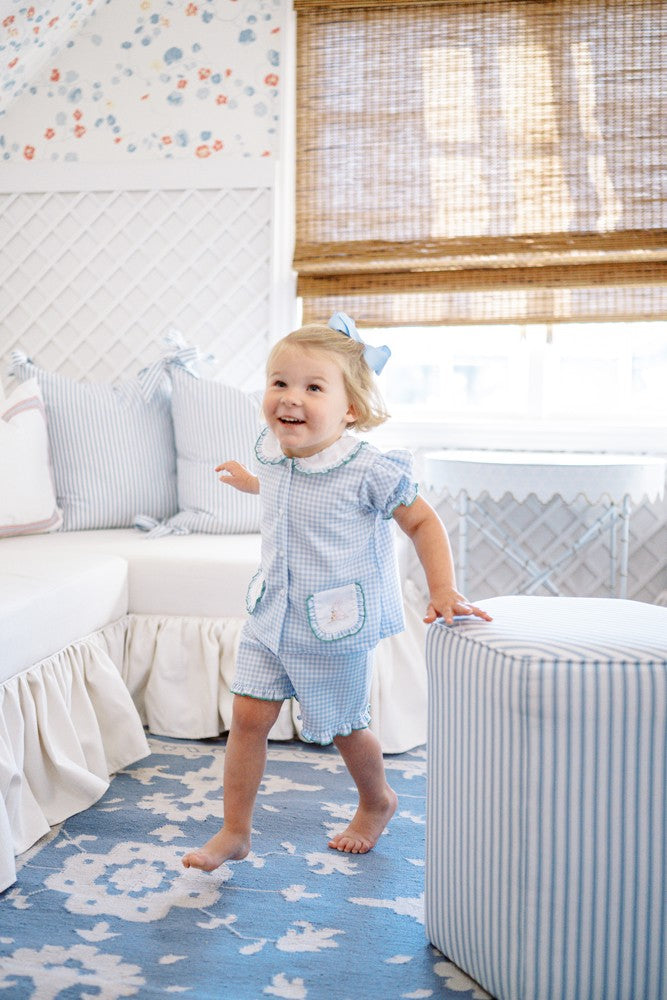 Proper Peony Girls Short Loungewear Set - Bitsy Blue Gingham Easter