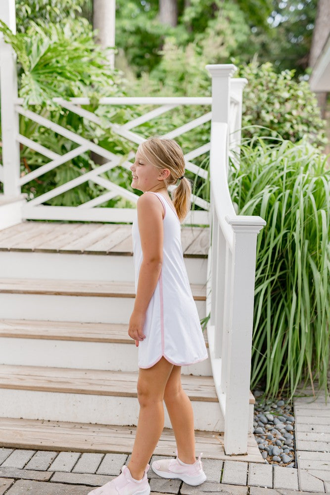 James & Lottie Girls Serve It Up Tennis Dress - White with Pink Trim
