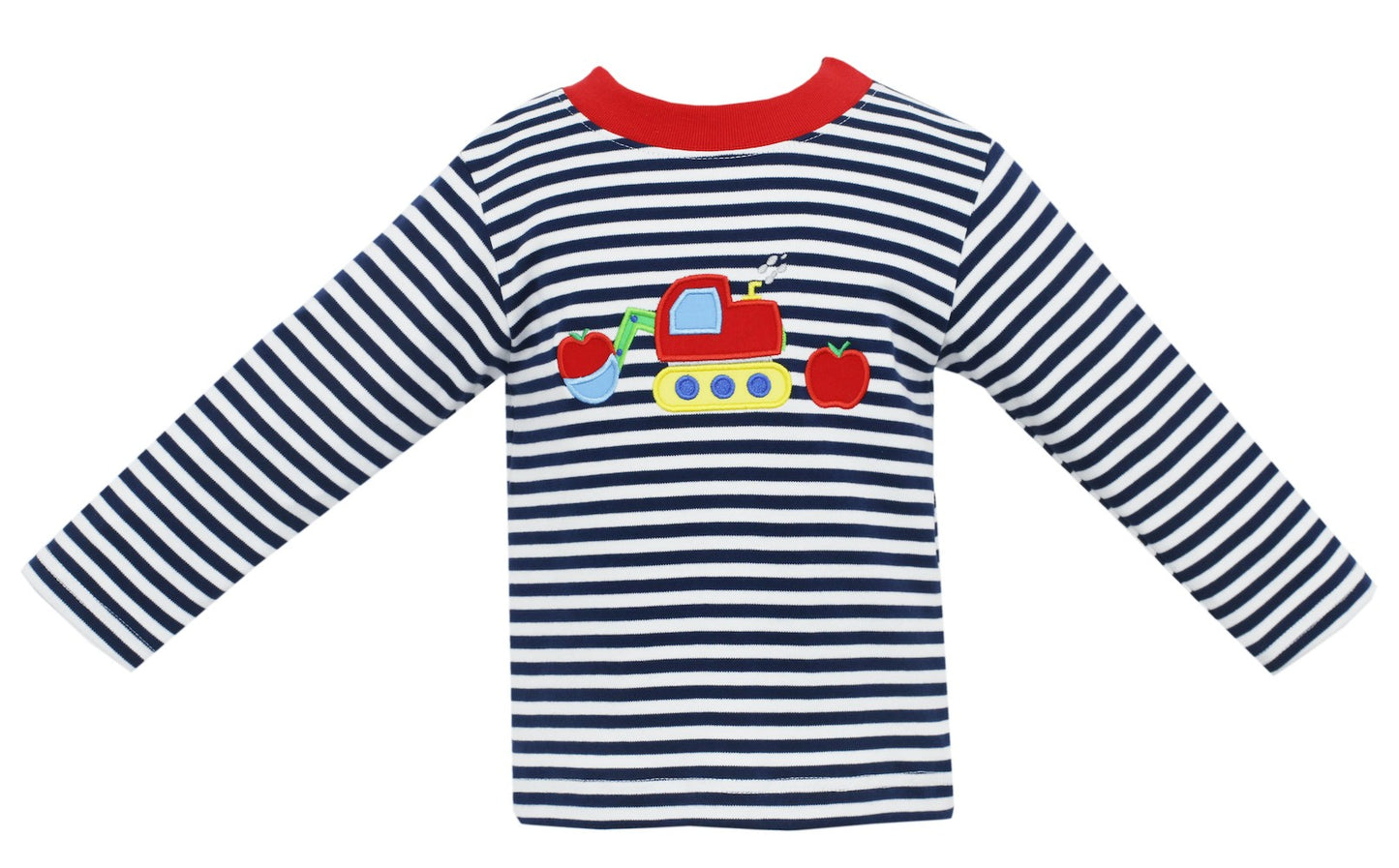 Claire & Charlie Boys Navy Blue Stripe Shirt - Bulldozer Truck with Apples by Claire & Charlie