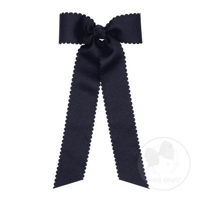 Wee Ones Girls Grosgrain Hair Bow with Streamers - Scallop Edge - Navy Blue