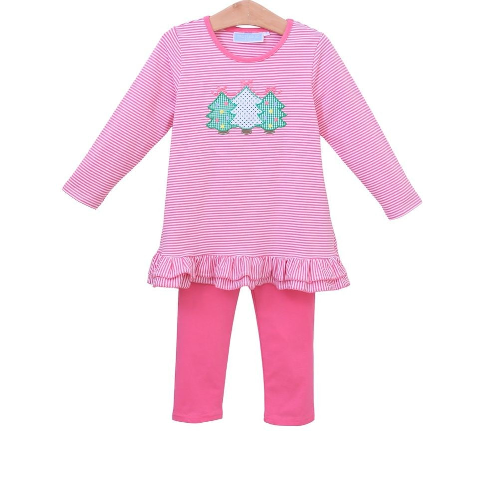Trotter Street Kids Girls Pink Christmas Tree Ruffle Top with Leggings
