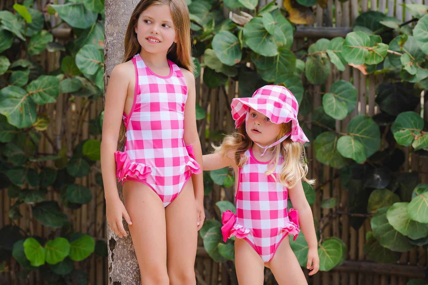 Sal & Pimenta Girls Swimsuit - Hot Pink Jam Buffalo Checks - Bows on Hips by Sal & Pimenta