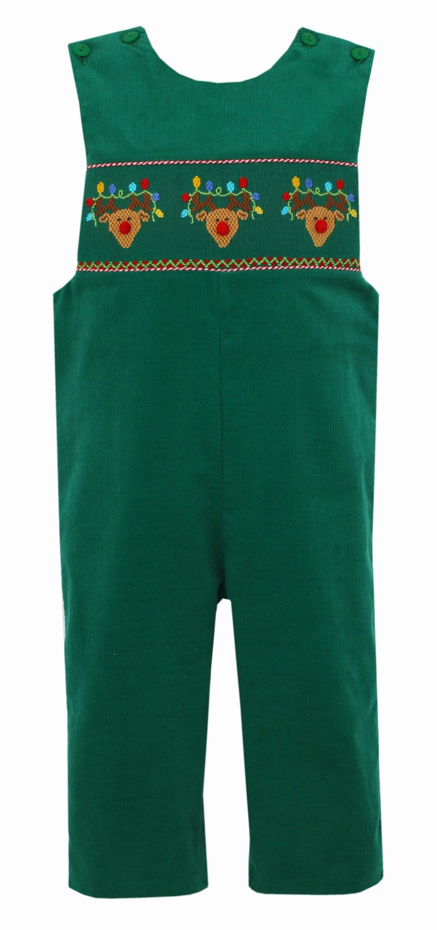 Anavini Velani Baby / Toddler Boys Kelly Green Corduroy Longall - Smocked Reindeer with Christmas Lights by Anavini
