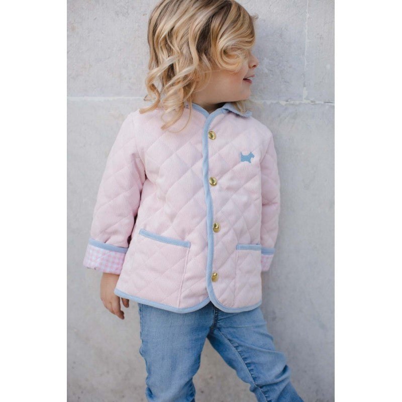 Sal & Pimenta Girls Quilted Corduroy Jacket Coat - Pink with Blue Trim