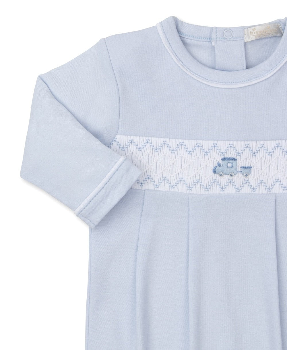 Kissy Kissy Baby Boys Light Blue Smocked Train Footie