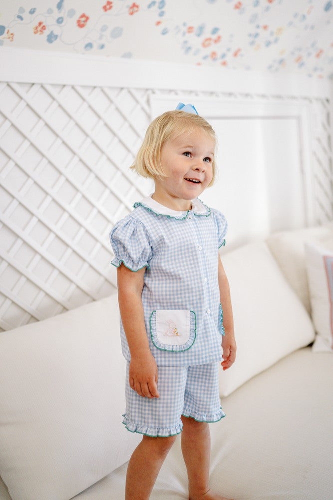 Proper Peony Girls Short Loungewear Set - Bitsy Blue Gingham Easter