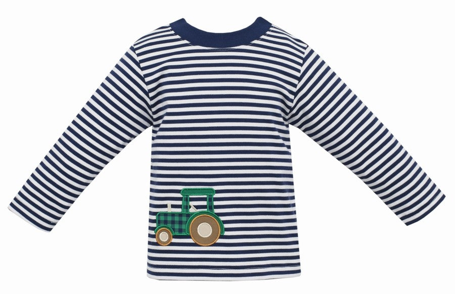Claire & Charlie Boys Navy Blue Stripe Shirt - Applique Green Tractor by Claire & Charlie