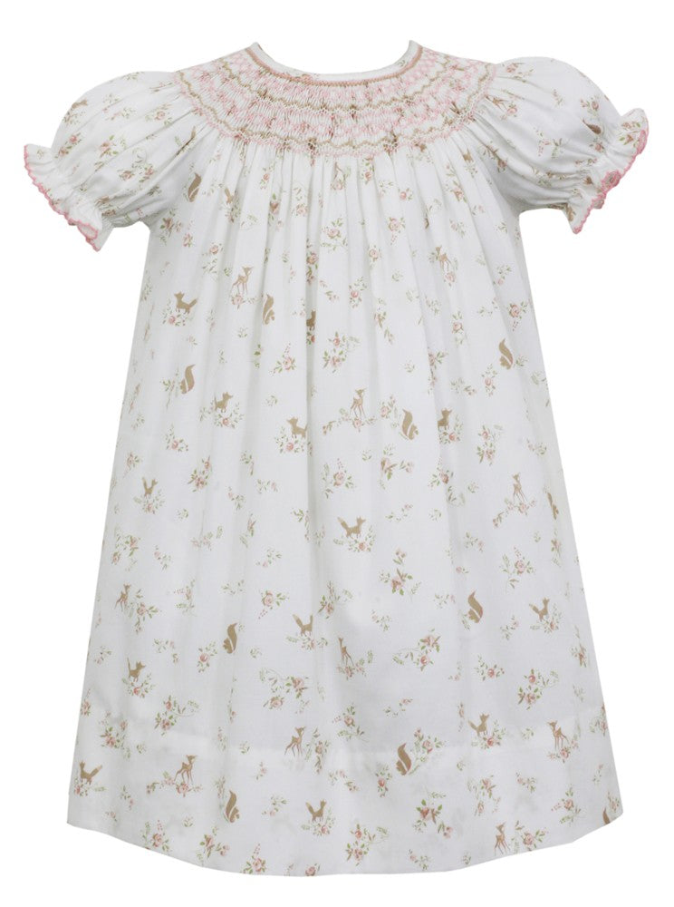 Claire & Charlie Baby / Toddler Girls Ivory Reindeer Print Smocked Bishop Dress by Claire & Charlie