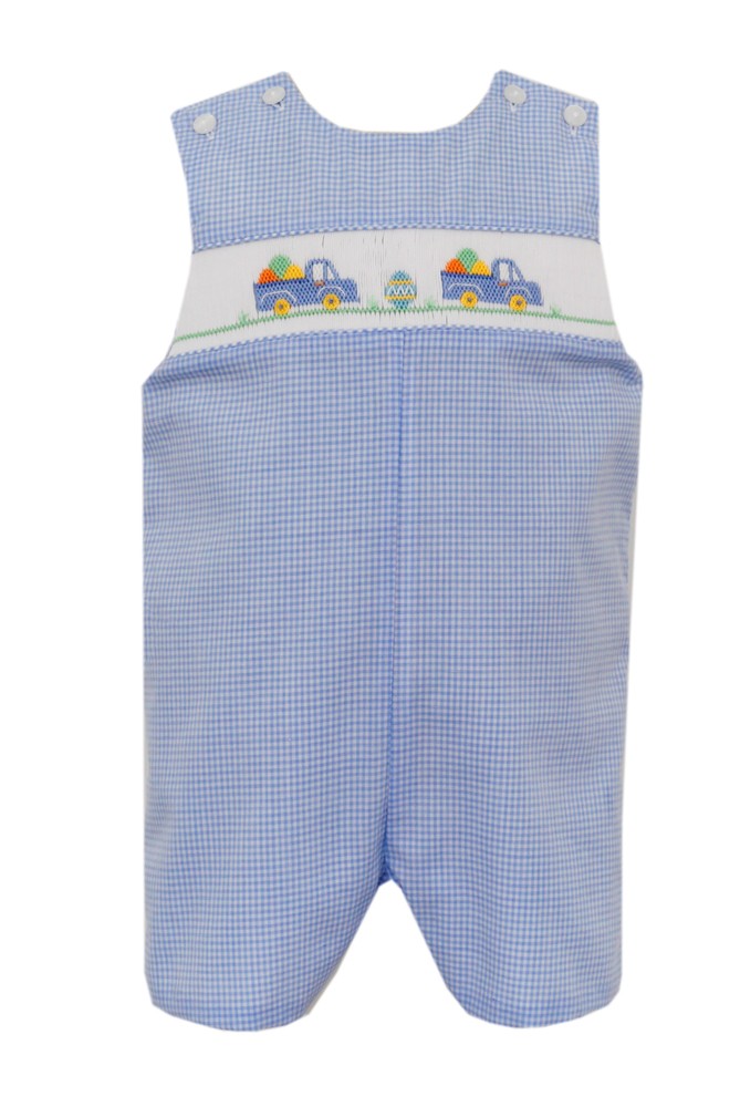 Petit Bebe Boys Blue Gingham Smocked Easter Trucks Jon Jon by Petit Bebe