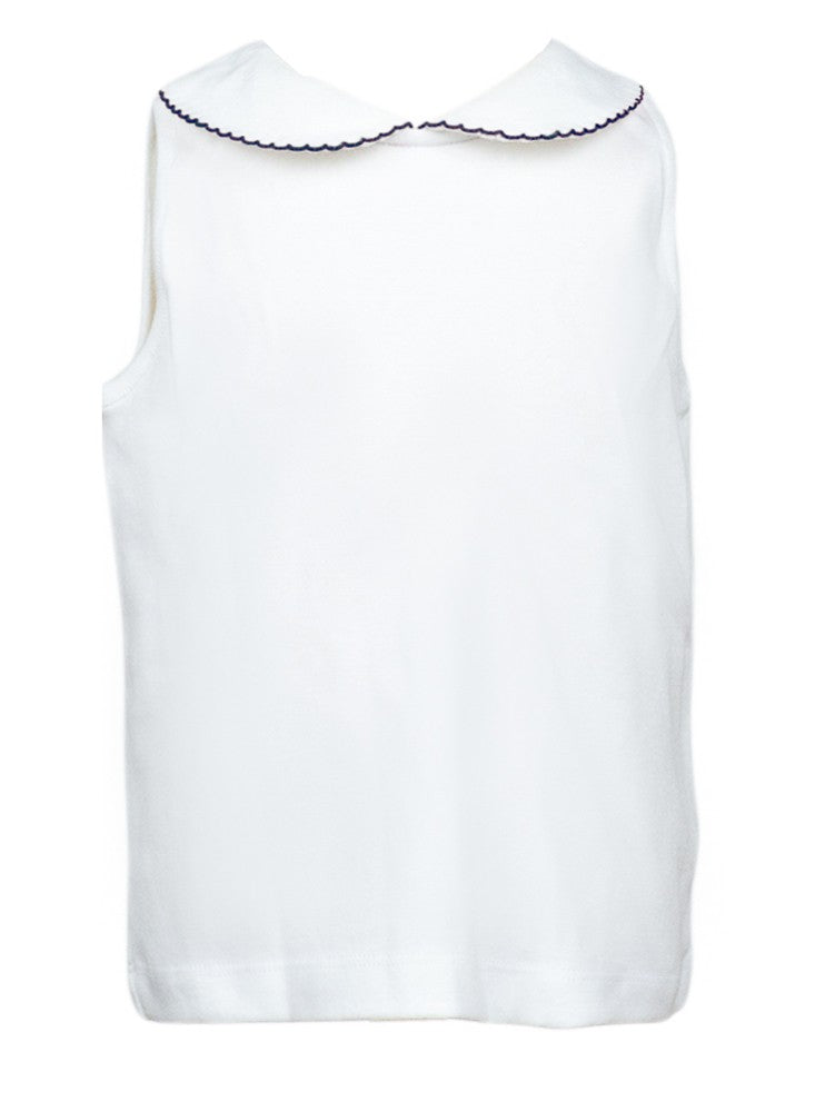 Proper Peony Girls Sleeveless White Shirt - Collar - Navy Blue Trim