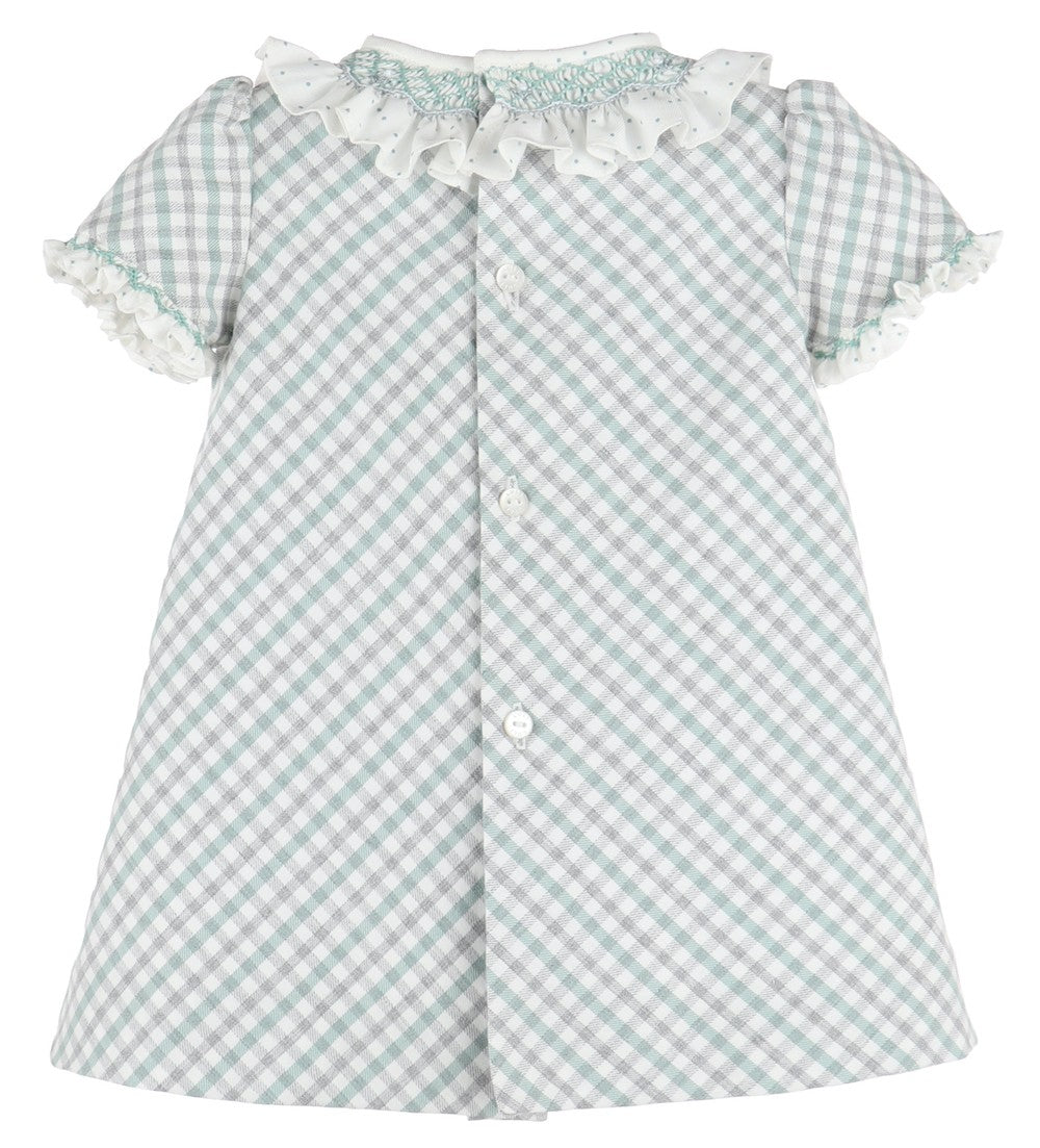 Luli & Me Girls Mint Green & Gray Check A-Line Dress - Smocked Ruffle Collar by Luli & Me
