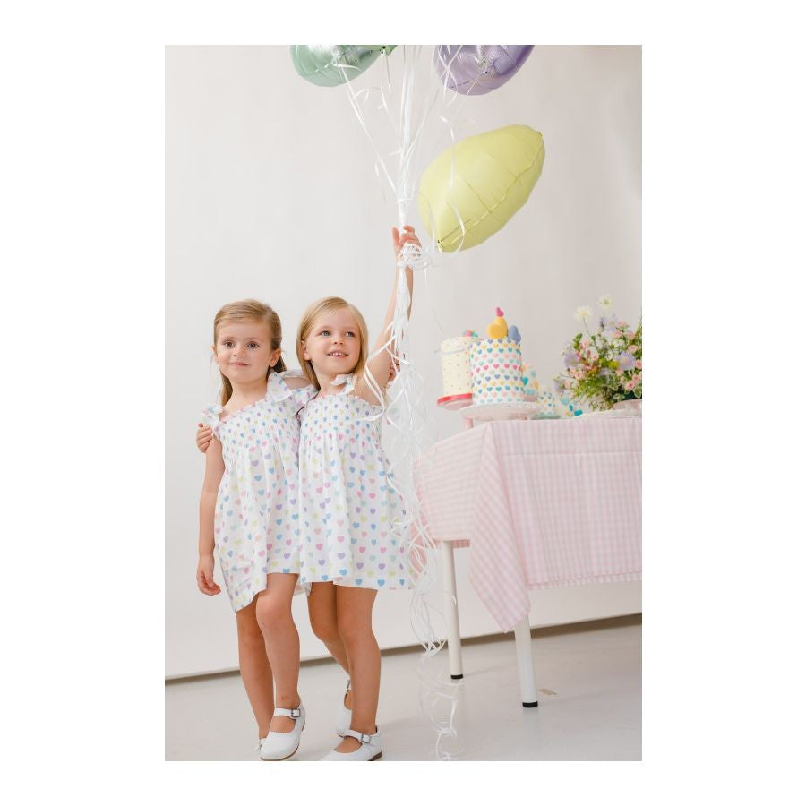 Sal & Pimenta Girls Dress - Pastel Funny Hearts - Smocked with Ties